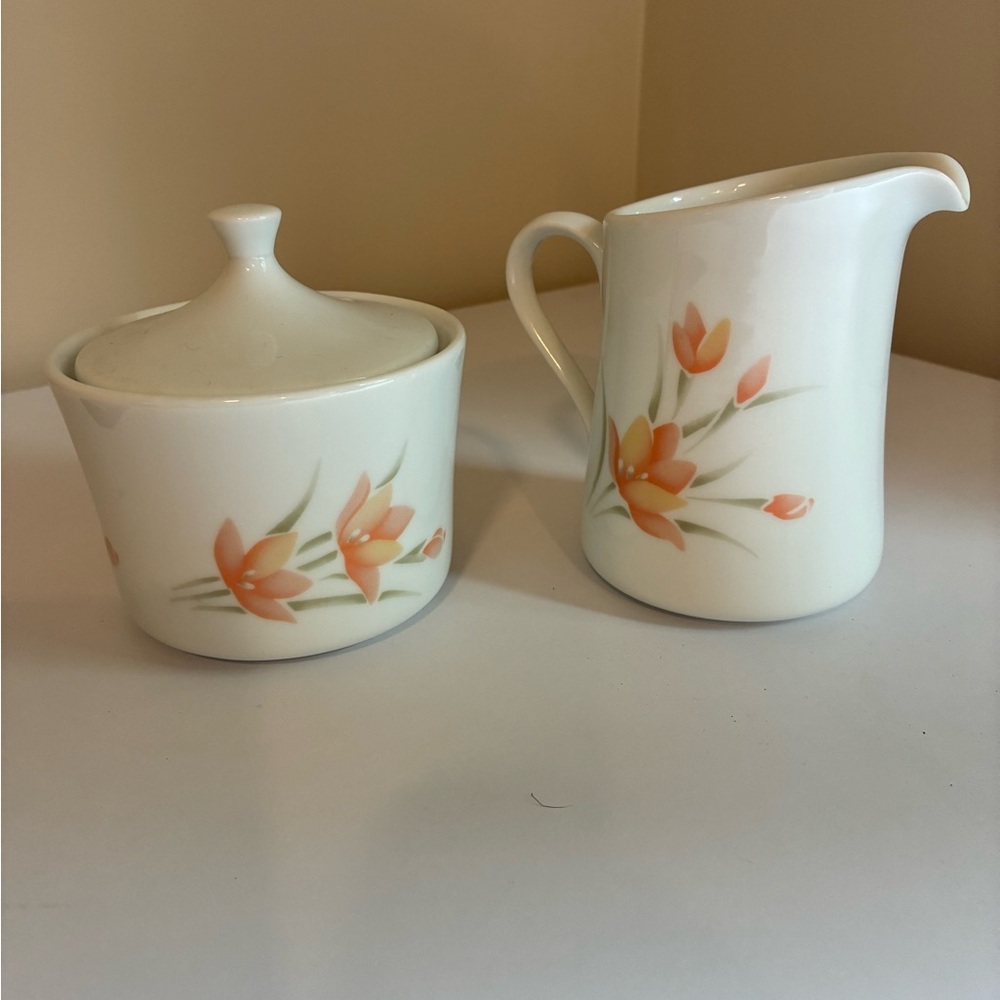 Peach Floral Cream and Sugar Set with Orange Tulip Corningware Vintage